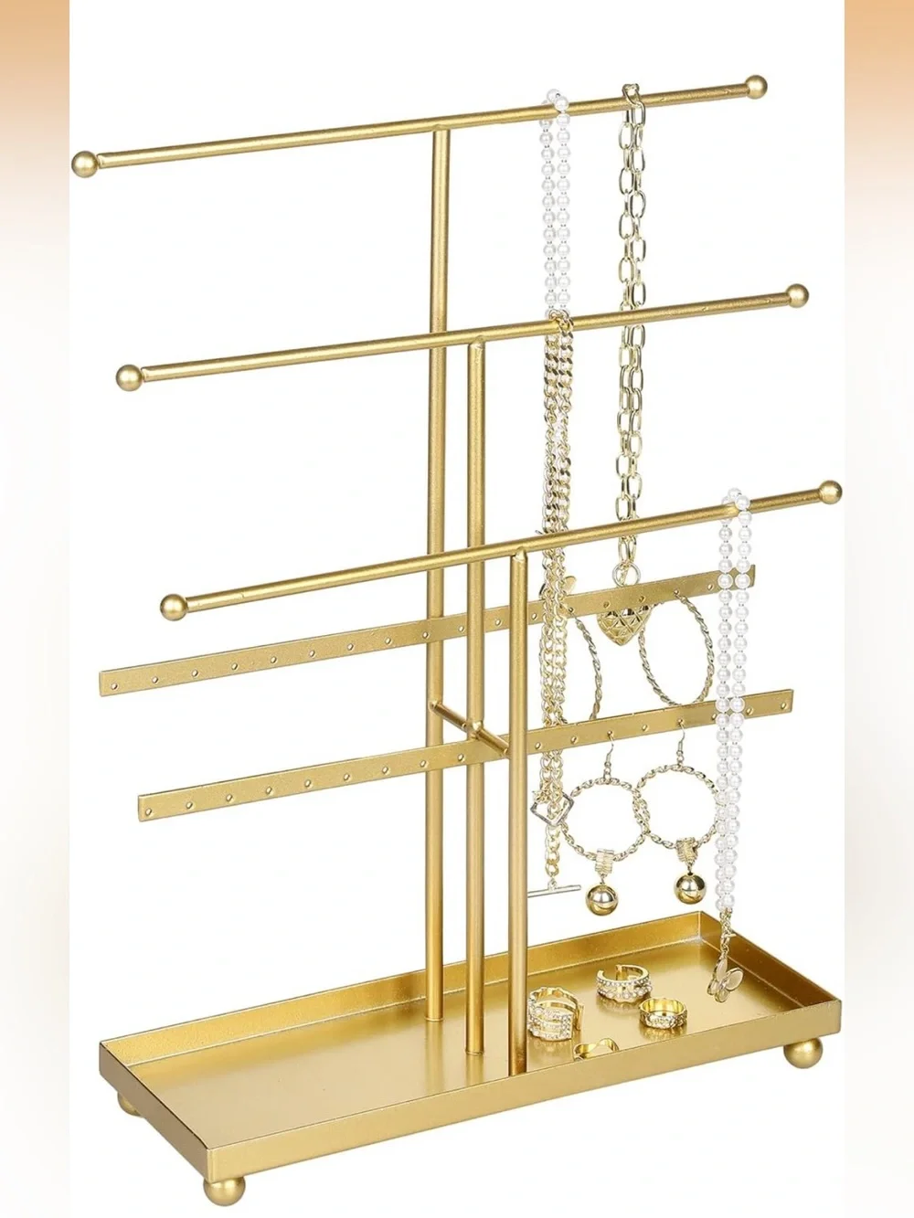 MyGift 5-Tier Gold Metal Jewelry Organizer Stand with Earring Hooks & Ring Tray